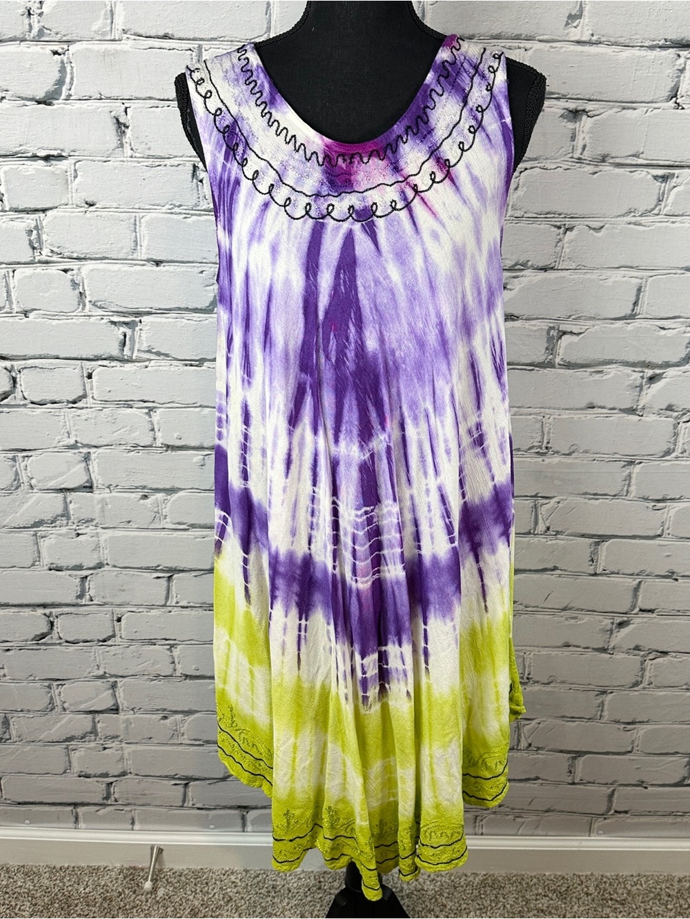 Vintage Tie Dye Sleeveless Dress Free Size Rayon Embroidered Fairy Boho Festival